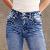 Women's pants: cross-border fashion, spring/summer styles, back pocket, double button, slim-fit, stretch denim jeans with embroidery