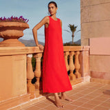 Women's sleeveless midi dress - spring/summer casual fashion: round neck, solid color, lace trim, and slit detail
