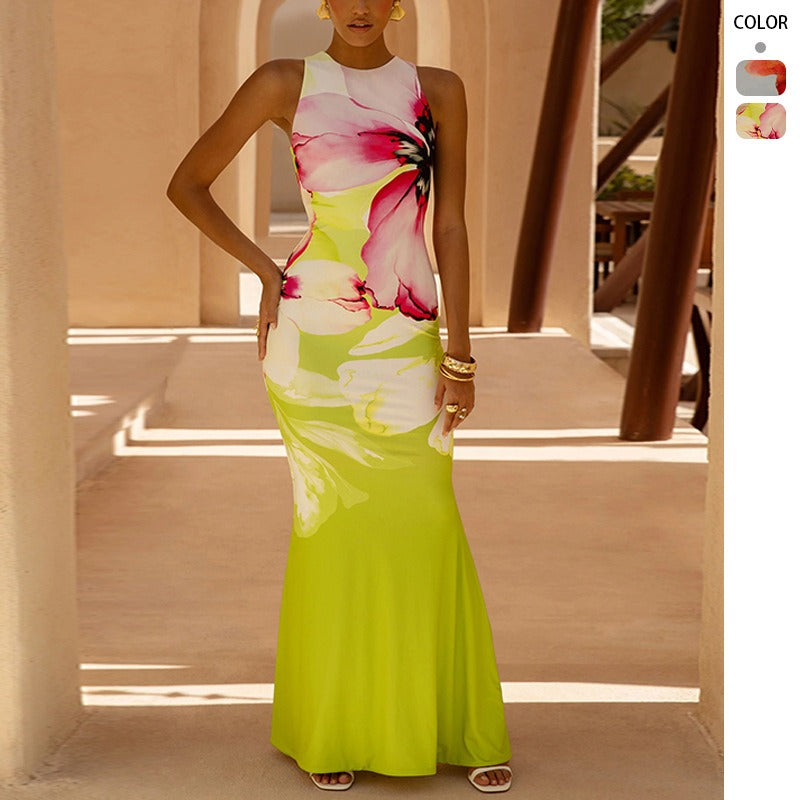 Women's dress - european & american style, high-end elegant floral print, round neck, sleeveless, slim fit, mermaid tail maxi dress