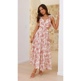 Women's chiffon floral dress - summer bestseller: backless, criss-cross tie, ruched, maxi dress