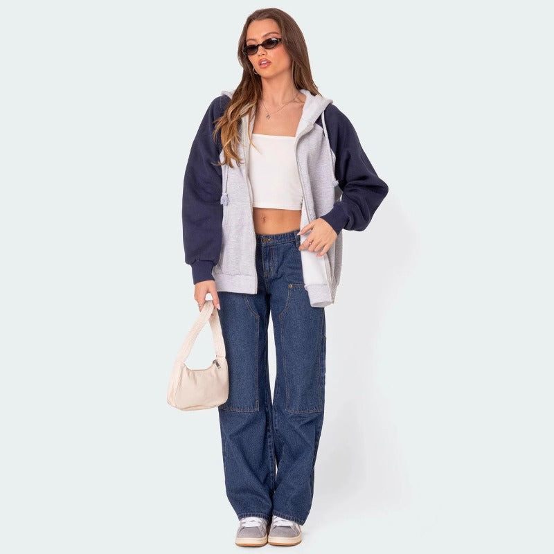 Women pants european and american exportloose wide-leg silhouette niche style women's studded double knee slightly flared workwearjeanscasualstraight-leg pants for women