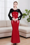Women Mermaid Red Latex Dress Long Sleeve