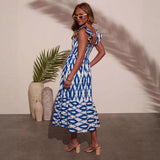 Women's dress - european & american style summer dress - printed sexy square neck, cinched waist, ruched cami, maxi dress
