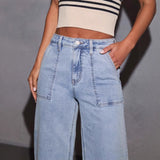 Women's stretch washed high-waisted jeans - fashionable, casual, trendy, versatile wide-leg denim pants for women