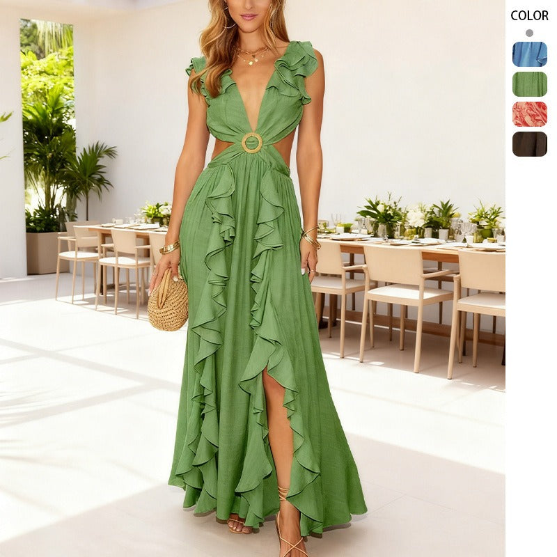 Women's dress: european and american style, cross-border amazon spring collection, elegant printed deep v-neck sexy cutout midi dress