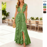 Women's dress: european and american style, cross-border amazon spring collection, elegant printed deep v-neck sexy cutout midi dress