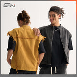 Etai men's clothing | distressed patchwork american retro heavyweight cotton vest - stand collar, frayed edges, washed finish