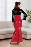 Women Mermaid Red Latex Dress Long Sleeve