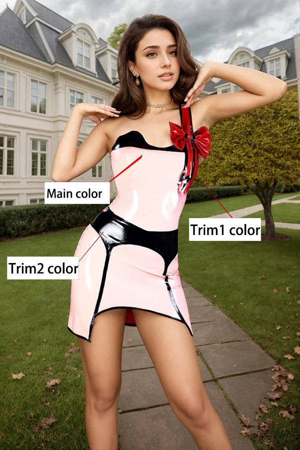 Women Pink Latex Mini Dress Red Bow
