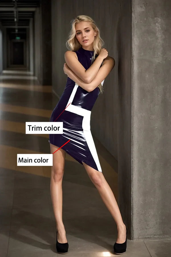 Women Latex Dress Asymmetric Hem