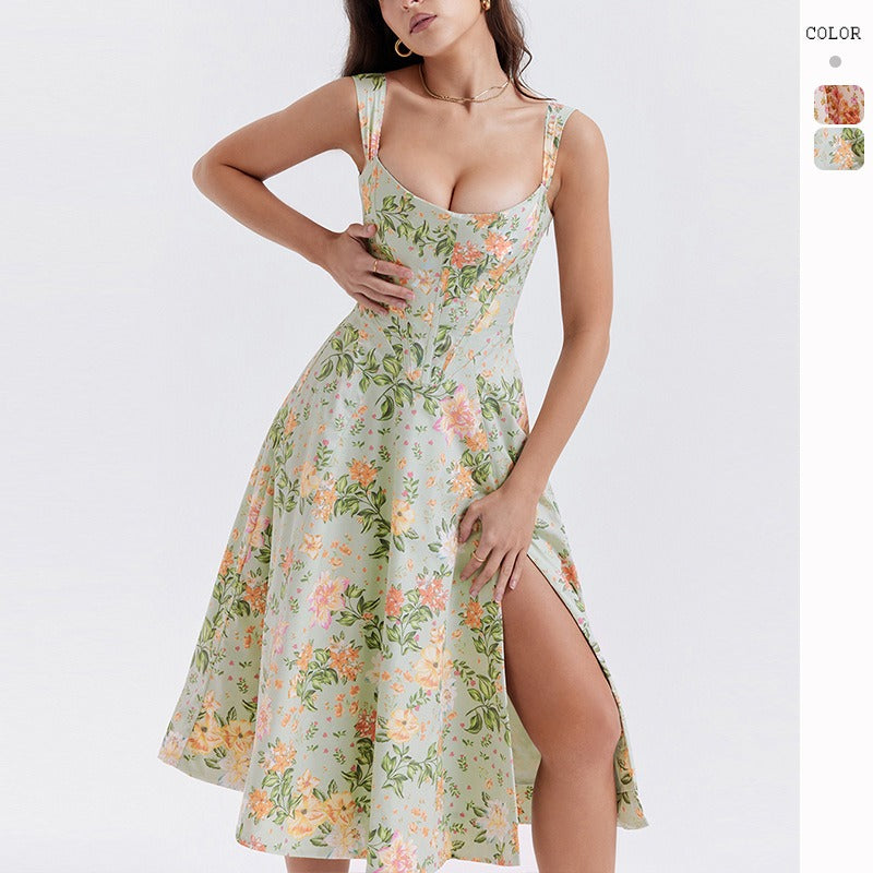 Women's dress - cross-border e-commerce, independent website, foreign trade, spring/summer, european and american style, slimming, spaghetti strap, sexy slit, floral print dress