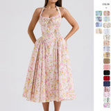 Women's summer slim-fit camisole maxi dress - european & american style fashion print halter neck lace trim dress