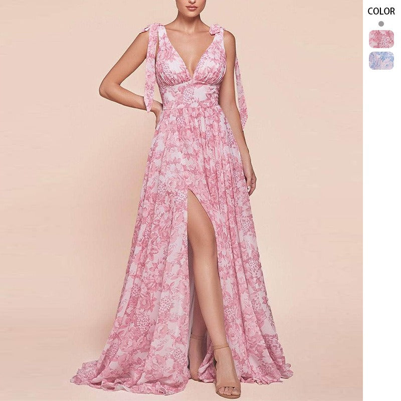 Women's dress - cross-border supply - european & american style - chiffon printed maxi dress - halter neck slit - vacation style dress
