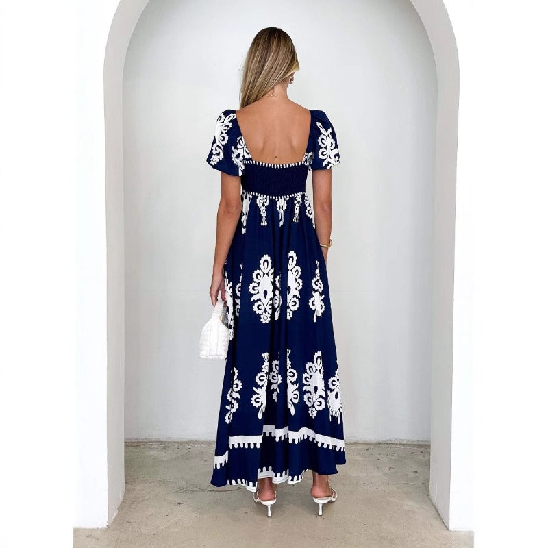 Women's dress - summer amazon independent site fashion cross-border women's clothing - vacation style printed beach dress - shirred dress for women