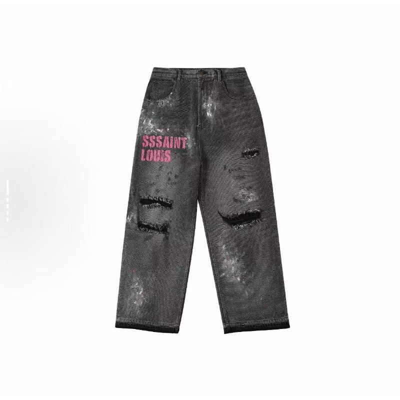 Saint m t pants spring/autumn s.m distressed ripped letter logo straight-leg jeans
