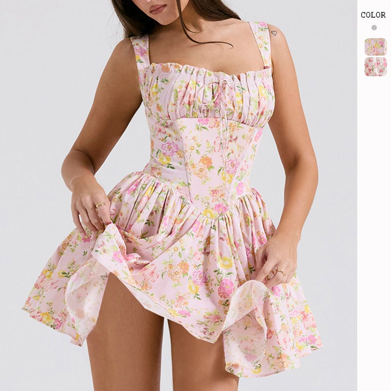 Women's dress - cross-border fashion: sexy summer floral sundress, slim-fit ballet-style puff skirt with spaghetti straps