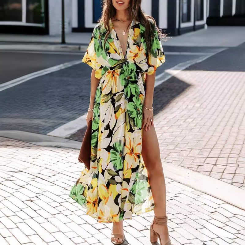Women's dress - amazon cross-border summer european and american style sexy high-waisted fashion printed slit dress