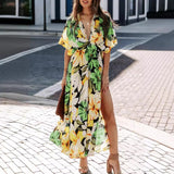 Women's dress - amazon cross-border summer european and american style sexy high-waisted fashion printed slit dress