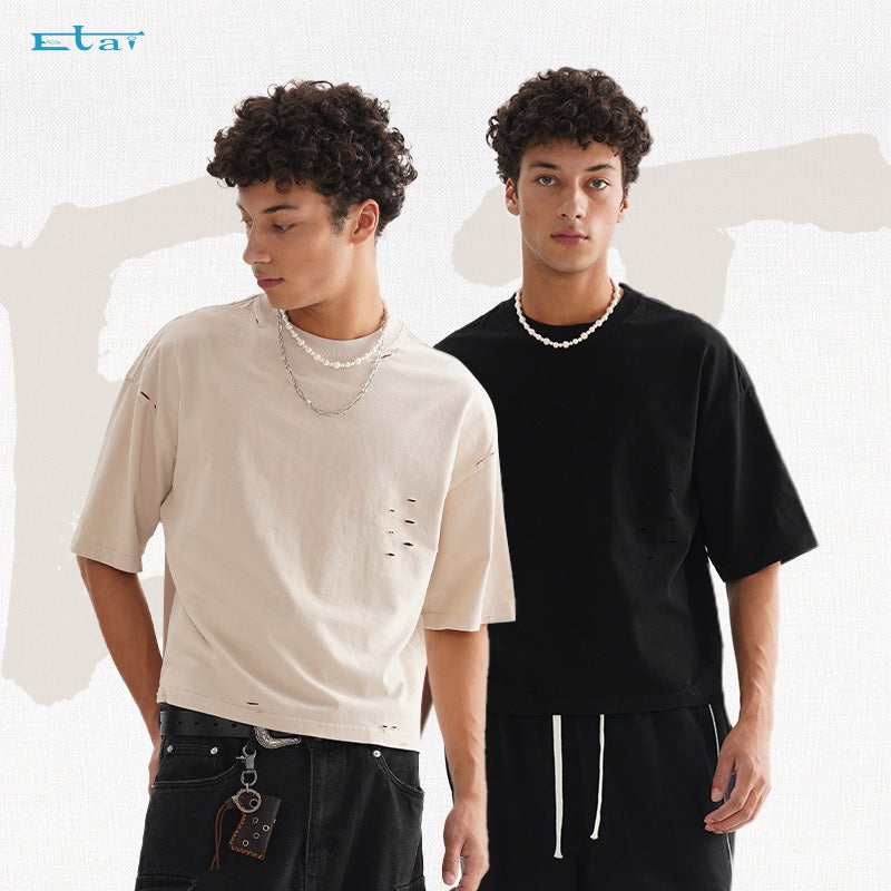 Etai men's clothing american streetwear vintage distressed solid color men's t-shirt, high-quality heavyweight 100% cotton, oversized short sleeve tee