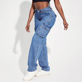 Women's pants: cross-border e-commerce american retro mid-rise multi-pocket cargo jeans, women's casual straight-leg trousers