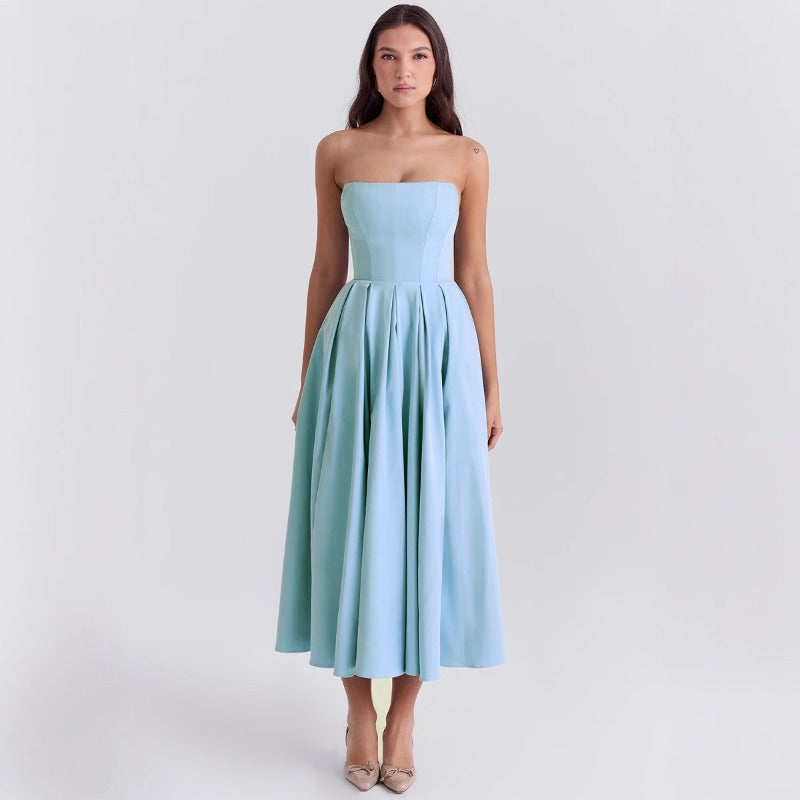 Women's dress: sexy summer outfit - high-end fishbone bandeau dress, pure & sultry style, hot girl slim fit, backless midi dress