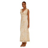 Women's dress: european and american summer 3d embroidered backless crisscross tie-up maxi dress - exquisite floral embroidery banquet gown