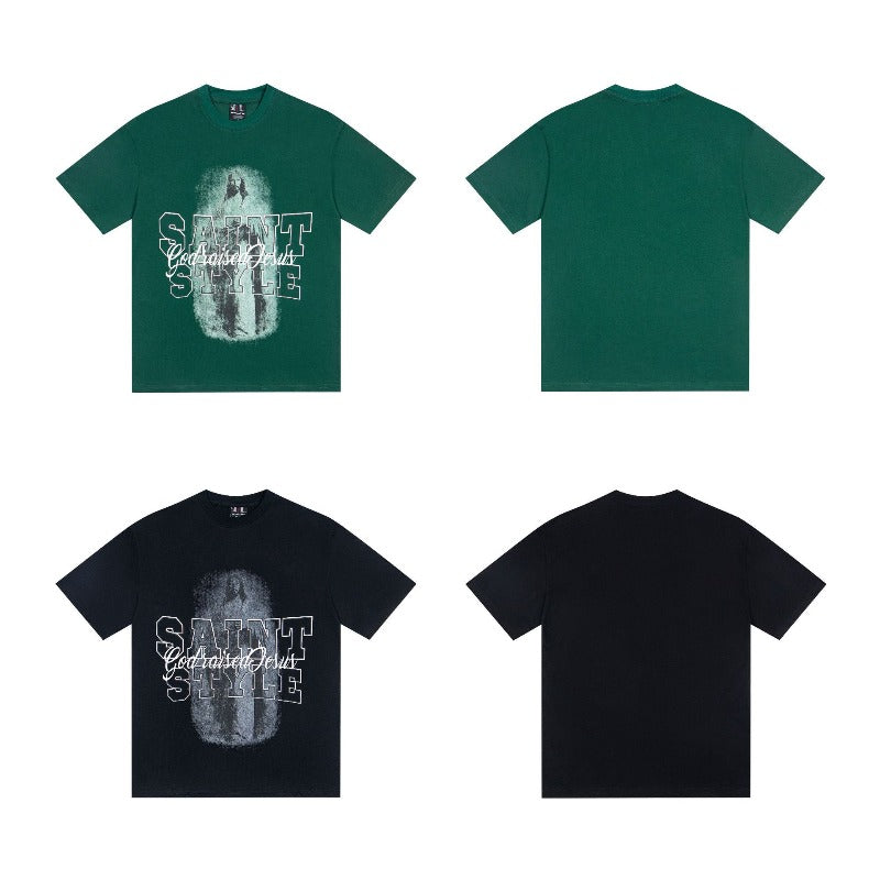 saint m t shirts  s.m character & letter graphic crew neck short sleeve tee