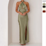 Women's dress - cross-border fashion: spring/summer european & american style - sexy, cinched waist, halter neck, slit, long satin sleeveless dress for women