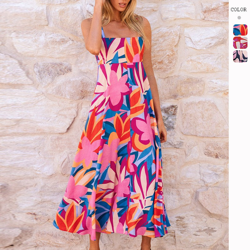 Women's dress - independent website, cross-border e-commerce, european & american style, sexy summer vacation print, fitted flare sleeve cami dress for women