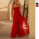 Women's dress: european and american cross-border spring solid color sleeveless spaghetti strap pleated bodycon tulle maxi dress