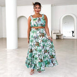Women's dress: foreign trade vintage sleeveless cropped bandeau cami top with printed high-waisted midi skirt two-piece set
