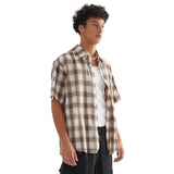 Etai men's fashion trendy distressed vintage style frayed hem plaid shirt - popular summer loose fit short sleeve shirt for men
