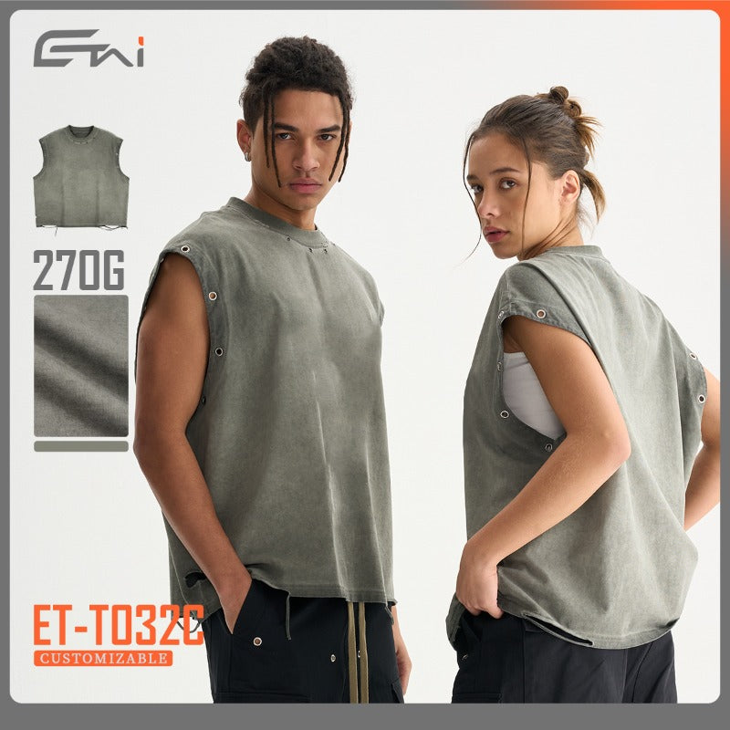 Etai men's clothing premium streetwear vintage short sleeve sleeveless tank top - heavyweight pure cotton, washed and distressed