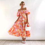 Women's summer dress: european and american style, puff sleeve, slimming maxi dress, hot girl high-waisted off-the-shoulder printed dress