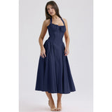 Women's summer slim-fit camisole maxi dress - european & american style fashion print halter neck lace trim dress