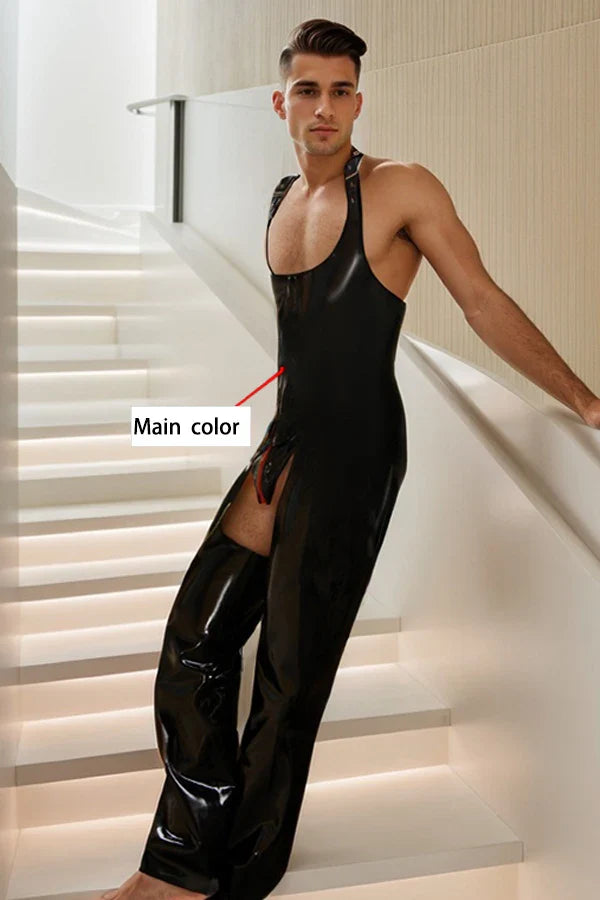 Man Latex Catsuits Open Leg Singlet Suit Chaps