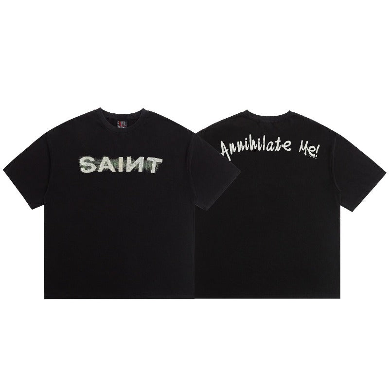 saint m t shirts  s.m distressed letter graphic crew neck pullover short sleeve top - wholesale
