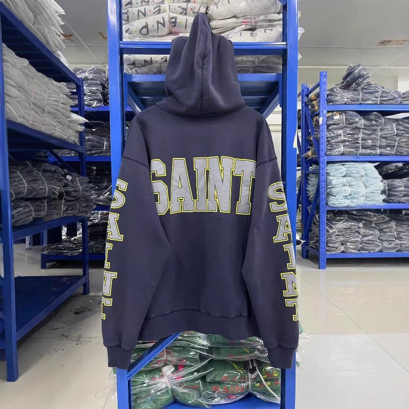 Saint m hoodie - spring/autumn s.m navy medal letter print washed & distressed hooded sweatshirt - wholesale