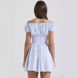 Women's dress - standalone store summer solid color dress - european and american style puff sleeve cinched waist buttoned short dress for women