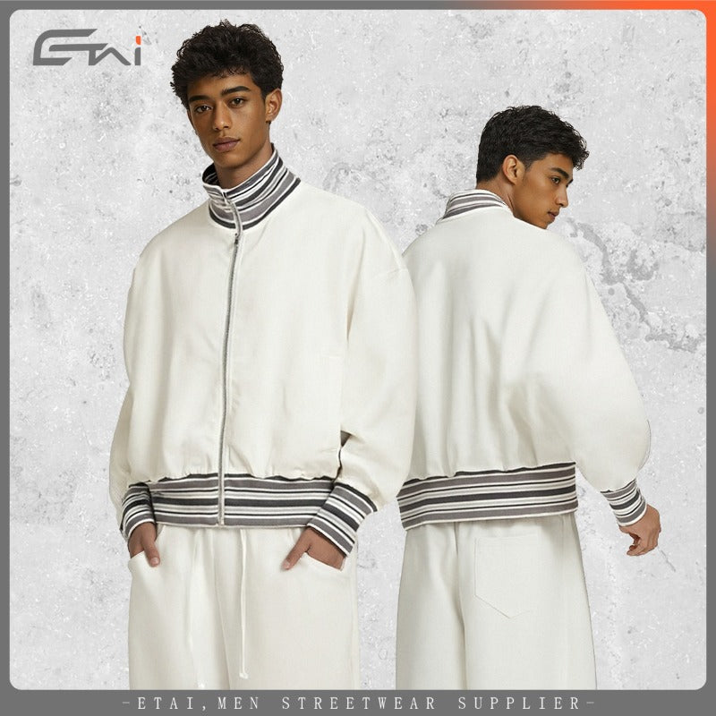 Etai men's clothing color block ribbed cardigan stand collar jacket - trendy brand autumn short oversized premium men's outerwear