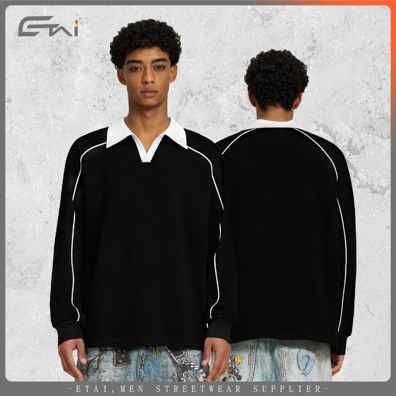 Etai men's fashion retro turn-down collar long sleeve polo shirt sweatshirt - men's sporty casual short wide color block hoodie
