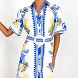 Women's summer dress - european and american style, cross-border e-commerce, casual fashion, printed, turn-down collar, women's long dress