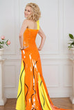Women Latex Dress Gown Tropical Sun Orange