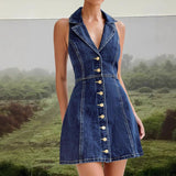 Women's spring/summer vintage v-neck patchwork a-line denim sundress with button-down sleeveless vest and cinched waist