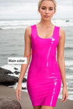 Women Latex Dress Vibrant Neon Fuchsia Mini Bodycon