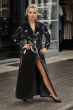 Women Latex Coats Belt Black V Neck