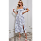 Women's dress - in-house photography - spring/summer european & american fashion - women's bubble sleeve tie-up bandeau slit floral mini dress - short sleeve