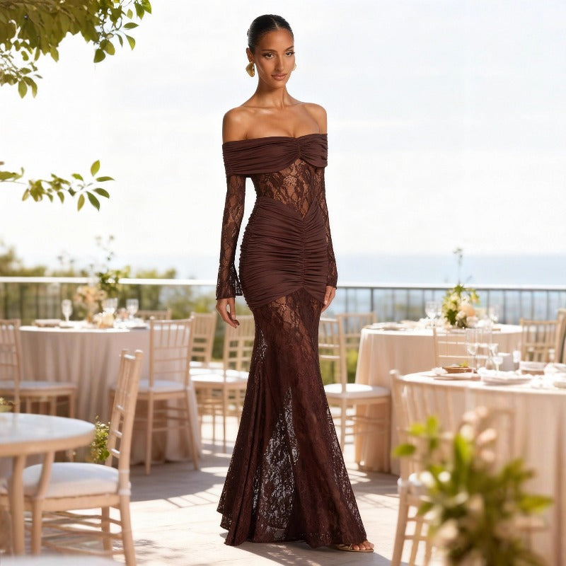 Women's dress: european and american style, elegant lace off-the-shoulder maxi dress, fashionable sexy long sleeve backless slim-fit dress for women