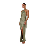 Women's dress - cross-border fashion: spring/summer european & american style - sexy, cinched waist, halter neck, slit, long satin sleeveless dress for women