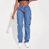 Women's pants: cross-border e-commerce american retro mid-rise multi-pocket cargo jeans, women's casual straight-leg trousers